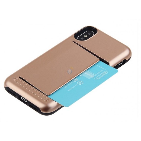 CAPA COM SUPORTE DE CARTAO PARA IPHONE XS DOURADO